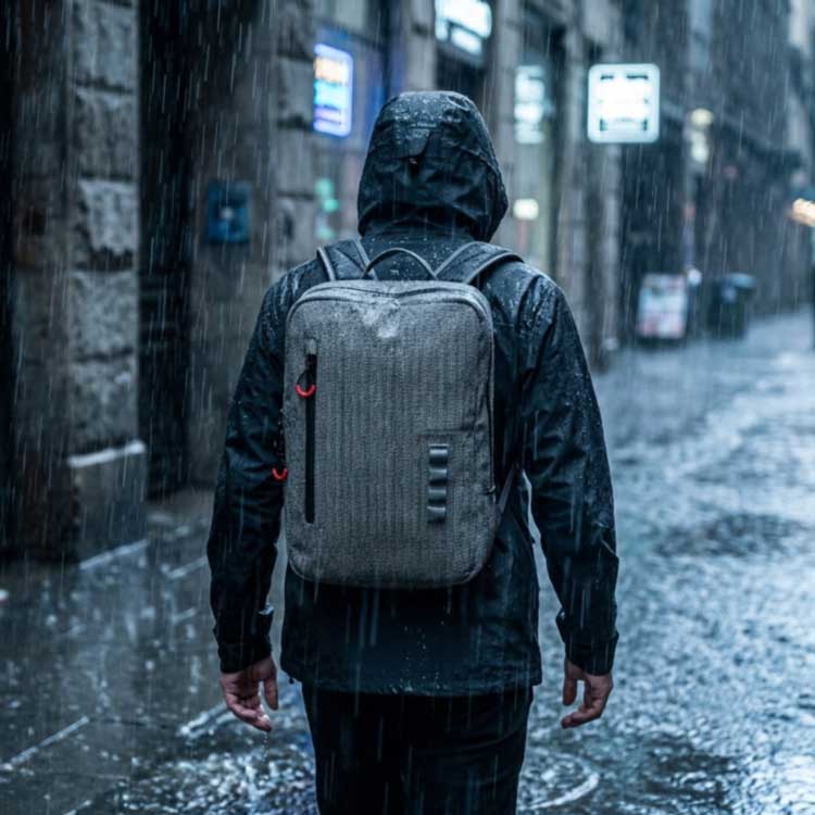 Person protecting a laptop in a waterproof backpack during heavy rain