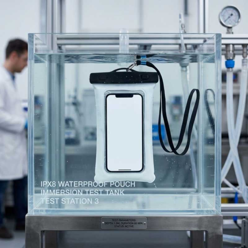 Waterproof phone pouch submerged in a laboratory immersion tank with a depth scale