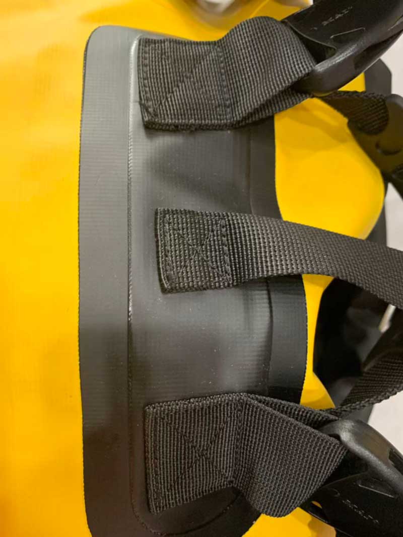 Box-X stitch and bar-tack reinforcement on webbing anchors on coated waterproof fabric