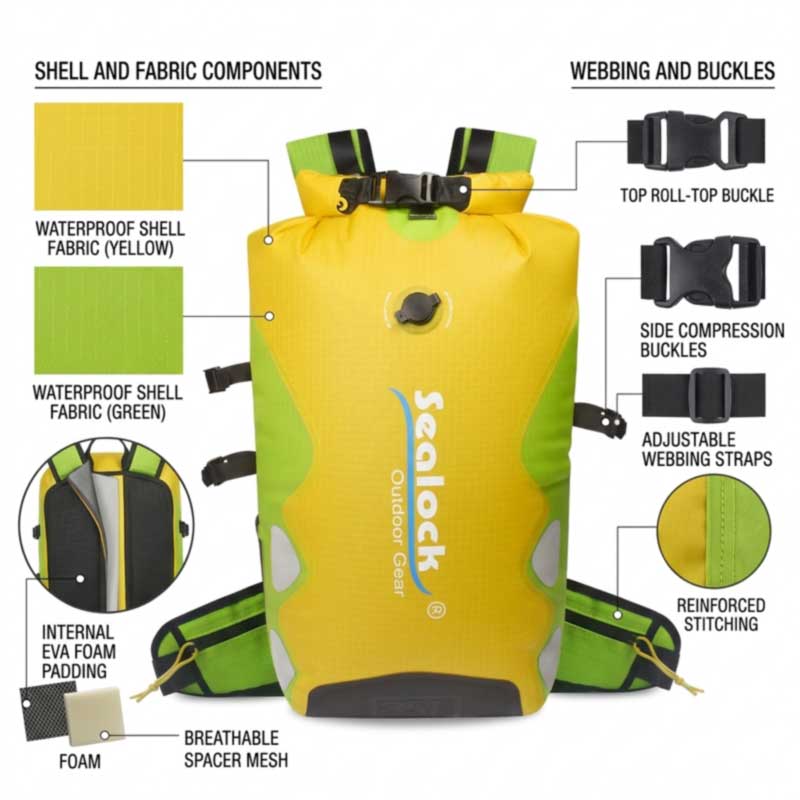 Two waterproof backpacks of the same stated capacity shown at visibly different sizes
